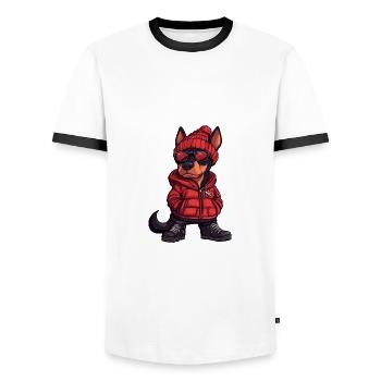 Dobermann Hund Winter - Männer Kontrast-T-Shirt - Weiß/Schwarz - Vorne - AI Model Female 172 light (172cm) & AI Model Male 178 dark (178cm)