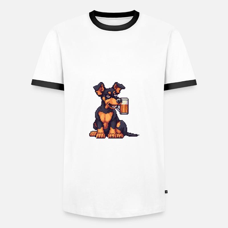 Dobermann Hund Bier Pixel - Männer Kontrast-T-Shirt - Weiß/Schwarz