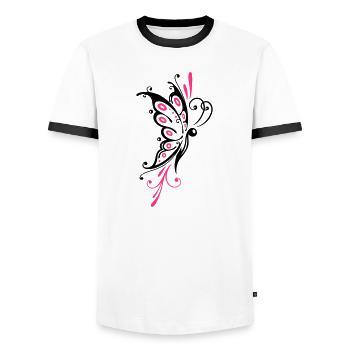 Big filigree butterfly, wings, girlie Tattoo style - Men's Ringer Shirt - white/black - Front - AI Model Female 172 light (172cm) & AI Model Male 178 dark (178cm)