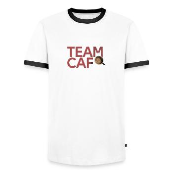 Team Kaffee - Männer Kontrast-T-Shirt - Weiß/Schwarz - Vorne - AI Model Female 172 light (172cm) & AI Model Male 178 dark (178cm)