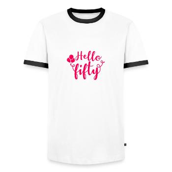 50th birthday 50 years old Happy Birthday saying - Men's Ringer Shirt - white/black - Front - AI Model Female 172 light (172cm) & AI Model Male 178 dark (178cm)