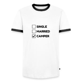 camping / campeur / randonnée / tente - T-shirt contrasté Homme - blanc/noir - Devant - AI Model Female 172 light (172cm) & AI Model Male 178 dark (178cm)