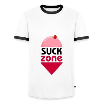SUCK ZONE - Men's Ringer Shirt - white/black - Front - AI Model Female 172 light (172cm) & AI Model Male 178 dark (178cm)
