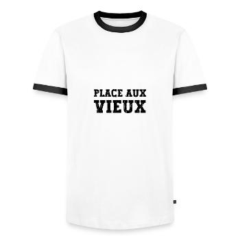 place aux vieux - T-shirt contrasté Homme - blanc/noir - Devant - AI Model Female 172 light (172cm) & AI Model Male 178 dark (178cm)