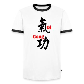 QI gong script with text in red vertical - Men's Ringer Shirt - white/black - Front - AI Model Female 172 light (172cm) & AI Model Male 178 dark (178cm)