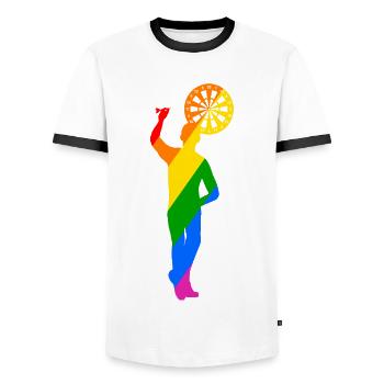 colorful dart player throwing with left - Men's Ringer Shirt - white/black - Front - AI Model Female 172 light (172cm) & AI Model Male 178 dark (178cm)