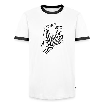 Skeleton hand with mobile phone. No signal. - Men's Ringer Shirt - white/black - Front - AI Model Female 172 light (172cm) & AI Model Male 178 dark (178cm)