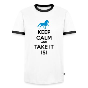 Keep Calm and Take it Isi - Men's Ringer Shirt - white/black - Front - AI Model Female 172 light (172cm) & AI Model Male 178 dark (178cm)