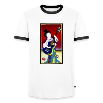 Geisha berçant le monde - T-shirt contrasté Homme - blanc/noir - Devant - AI Model Female 172 light (172cm) & AI Model Male 178 dark (178cm)