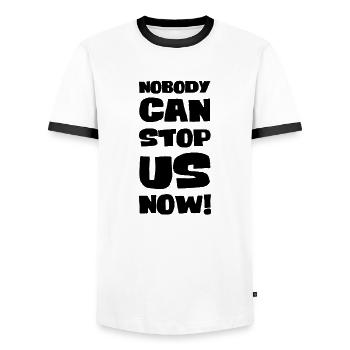Nobody can stop us now! - Men's Ringer Shirt - white/black - Front - AI Model Female 172 light (172cm) & AI Model Male 178 dark (178cm)