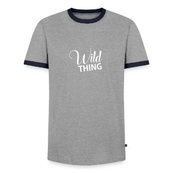 Wild Thing 1. Geburtstags-Entwurf - Männer Kontrast-T-Shirt - Grau/Navy  - Vorne - AI Model Female 172 light (172cm) & AI Model Male 178 light (178cm)