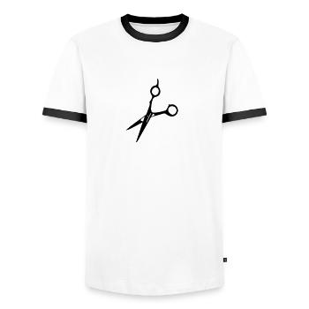 Frisör-Schere / barber scissors (1c) - Männer Kontrast-T-Shirt - Weiß/Schwarz - Vorne - AI Model Female 172 light (172cm) & AI Model Male 178 dark (178cm)