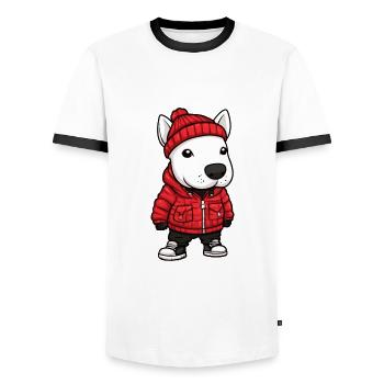 Bull Terrier Chien Hiver - T-shirt contrasté Homme - blanc/noir - Devant - AI Model Female 172 light (172cm) & AI Model Male 178 dark (178cm)