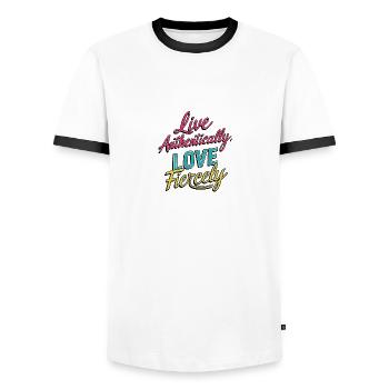 Live Authentically, Love Fiercely - Men's Ringer Shirt - white/black - Front - AI Model Female 172 light (172cm) & AI Model Male 178 dark (178cm)