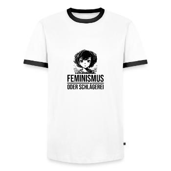 Feminismus oder Schlägerei - Männer Kontrast-T-Shirt - Weiß/Schwarz - Vorne - AI Model Female 172 light (172cm) & AI Model Male 178 dark (178cm)