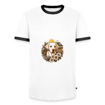Blonde Labrador Retriever Cottage Core fleurs - T-shirt contrasté Homme - blanc/noir - Devant - AI Model Female 172 light (172cm) & AI Model Male 178 dark (178cm)