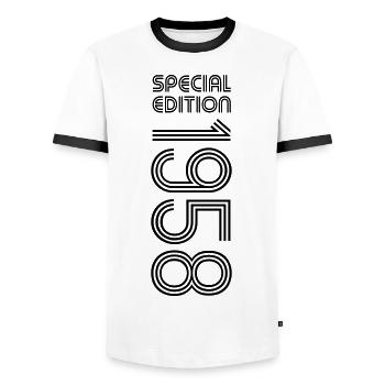 Édition spéciale 1958 - Anniversaire 1958 Changement de couleur - T-shirt contrasté Homme - blanc/noir - Devant - AI Model Female 172 light (172cm) & AI Model Male 178 dark (178cm)