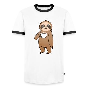 Sloth drinks coffee - Men's Ringer Shirt - white/black - Front - AI Model Female 172 light (172cm) & AI Model Male 178 dark (178cm)