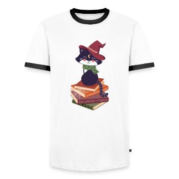 black cat on Halloween book pile - Men's Ringer Shirt - white/black - Front - AI Model Female 172 light (172cm) & AI Model Male 178 dark (178cm)
