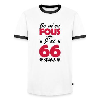 je m en fous j ai 66 ans - T-shirt contrasté Homme - blanc/noir - Devant - AI Model Female 172 light (172cm) & AI Model Male 178 dark (178cm)