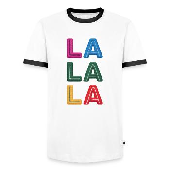 LA LA LA bestickt - Männer Kontrast-T-Shirt - Weiß/Schwarz - Vorne - AI Model Female 172 light (172cm) & AI Model Male 178 dark (178cm)