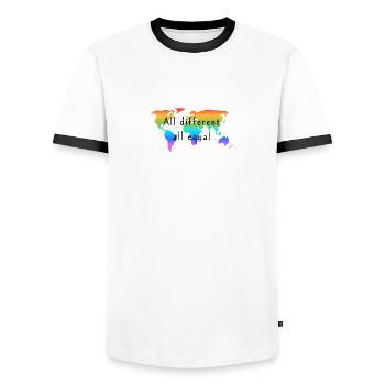 all different all equal. Love is Love. - Men's Ringer Shirt - white/black - Front - AI Model Female 172 light (172cm) & AI Model Male 178 dark (178cm)
