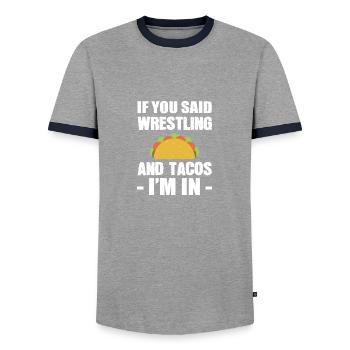 Wrestling and Tacos Food Lovers Gift - Men's Ringer Shirt - grey/navy  - Front - AI Model Female 172 light (172cm) & AI Model Male 178 light (178cm)