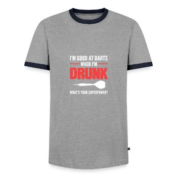 Good in darts. Alcoholic Person Gift - Men's Ringer Shirt - grey/navy  - Front - AI Model Female 172 light (172cm) & AI Model Male 178 light (178cm)