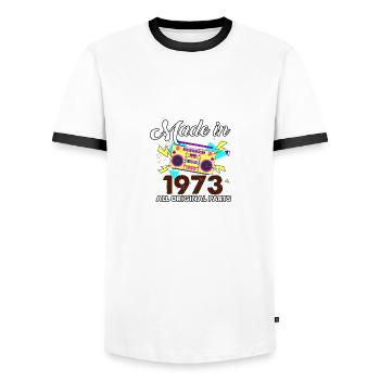 1973 Bday Party Kassettenband Vintage Musikliebhab - Männer Kontrast-T-Shirt - Weiß/Schwarz - Vorne - AI Model Female 172 light (172cm) & AI Model Male 178 dark (178cm)