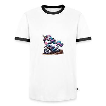Enduro Unicorn Adventure on Two Wheels - Men's Ringer Shirt - white/black - Front - AI Model Female 172 light (172cm) & AI Model Male 178 dark (178cm)