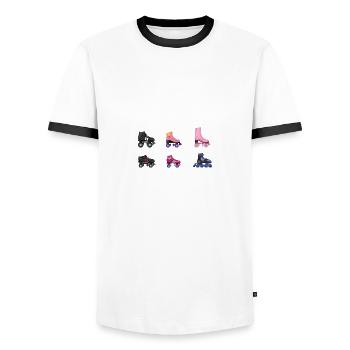 Different types of roller skating Roller skating 80s - Men's Ringer Shirt - white/black - Front - AI Model Female 172 light (172cm) & AI Model Male 178 dark (178cm)