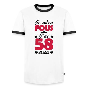 j ai 58 ans / cadeau humour anniversaire 58 ans - T-shirt contrasté Homme - blanc/noir - Devant - AI Model Female 172 light (172cm) & AI Model Male 178 dark (178cm)