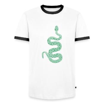 "Snake", boho line art design, series "Desert" - Men's Ringer Shirt - white/black - Front - AI Model Female 172 light (172cm) & AI Model Male 178 dark (178cm)