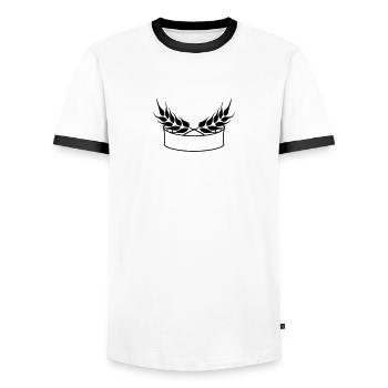 wreath laurel cereal banner design logo text write - Men's Ringer Shirt - white/black - Front - AI Model Female 172 light (172cm) & AI Model Male 178 dark (178cm)