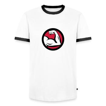 Round Bizeps Muscle Logo - Männer Kontrast-T-Shirt - Weiß/Schwarz - Vorne - AI Model Female 172 light (172cm) & AI Model Male 178 dark (178cm)