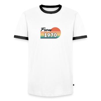From 1970 - Men's Ringer Shirt - white/black - Front - AI Model Female 172 light (172cm) & AI Model Male 178 dark (178cm)