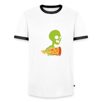 Alien und Pizza. Pizza -Liebhaber Gift - Männer Kontrast-T-Shirt - Weiß/Schwarz - Vorne - AI Model Female 172 light (172cm) & AI Model Male 178 dark (178cm)