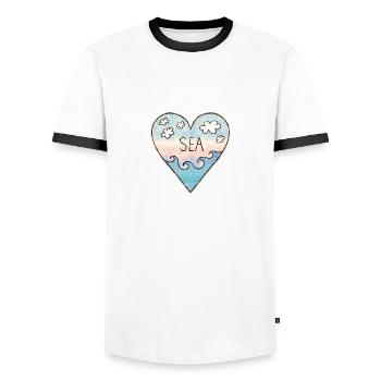 J’aime la mer, le cœur, les vagues, l’été, le surf - T-shirt contrasté Homme - blanc/noir - Devant - AI Model Female 172 light (172cm) & AI Model Male 178 dark (178cm)