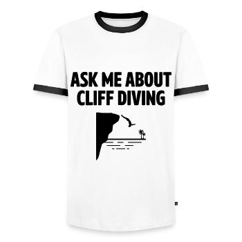 Ask Me About Cliff Diving Cliff Diver Tombstoning - Men's Ringer Shirt - white/black - Front - AI Model Female 172 light (172cm) & AI Model Male 178 dark (178cm)