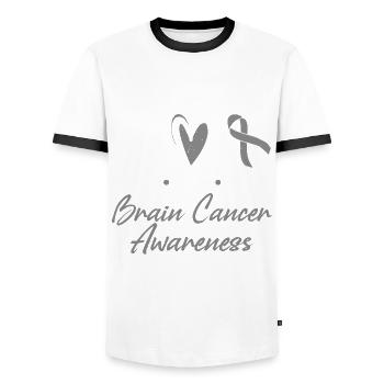 Peace, Love, Healing, Brain Tumor, Cancer, - Men's Ringer Shirt - white/black - Front - AI Model Female 172 light (172cm) & AI Model Male 178 dark (178cm)