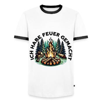 Ich hab Feuer gemacht - Männer Kontrast-T-Shirt - Weiß/Schwarz - Vorne - AI Model Female 172 light (172cm) & AI Model Male 178 dark (178cm)