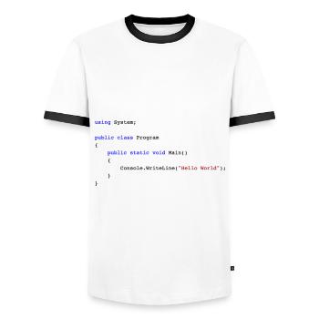 C # .NET Code Hello World Programmer Gift - T-shirt contrasté Homme - blanc/noir - Devant - AI Model Female 172 light (172cm) & AI Model Male 178 dark (178cm)