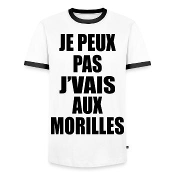 J’peux pas j’vais aux morilles - T-shirt contrasté Homme - blanc/noir - Devant - AI Model Female 172 light (172cm) & AI Model Male 178 dark (178cm)
