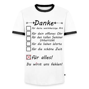 Seminarleiter zum Abschied Danke sagen - Männer Kontrast-T-Shirt - Weiß/Schwarz - Vorne - AI Model Female 172 light (172cm) & AI Model Male 178 dark (178cm)