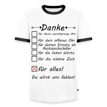 Austauschschüler zum Abschied Danke Dankeschön - Männer Kontrast-T-Shirt - Weiß/Schwarz - Vorne - AI Model Female 172 light (172cm) & AI Model Male 178 dark (178cm)