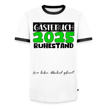 Pension 2025 Livre d’or Pension Retraite Mamie Papy - T-shirt contrasté Homme - blanc/noir - Devant - AI Model Female 172 light (172cm) & AI Model Male 178 dark (178cm)