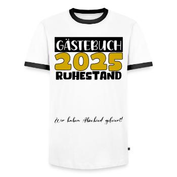 Pension 2025 Livre d’or Pension Retraite Mamie Papy - T-shirt contrasté Homme - blanc/noir - Devant - AI Model Female 172 light (172cm) & AI Model Male 178 dark (178cm)