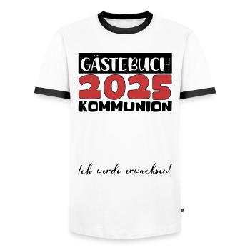 Communion 2025 Guest Book Gift Girls Boys - Men's Ringer Shirt - white/black - Front - AI Model Female 172 light (172cm) & AI Model Male 178 dark (178cm)