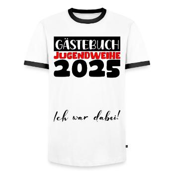 Jugendweihe 2025 Livre d’or Cadeau Filles Garçons - T-shirt contrasté Homme - blanc/noir - Devant - AI Model Female 172 light (172cm) & AI Model Male 178 dark (178cm)