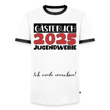 Jugendweihe 2025 Livre d’or Cadeau Filles Garçons - T-shirt contrasté Homme - blanc/noir - Devant - AI Model Female 172 light (172cm) & AI Model Male 178 dark (178cm)